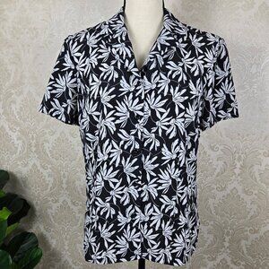 Joan Leslie Size 8 Black White Floral Collared Button Down Shirt Short Sleeves